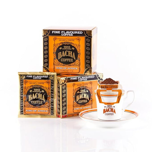 Bacha Coffee | King of Africa Fine Flavoured, 100% Arabica Specialty Coffee Beans, Medium Roast, x12 Individually Wrapped Single Serve Filter Bags