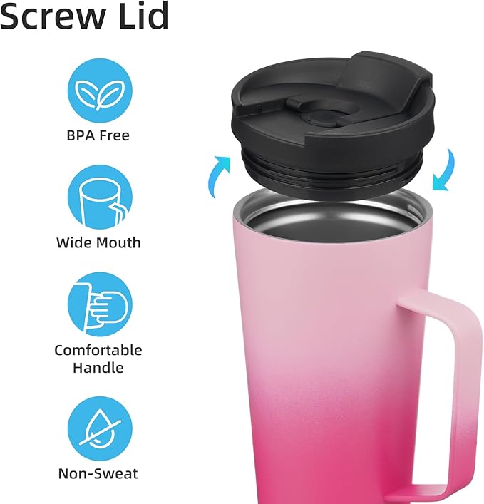 Insulated Tumbler with Handle and Straw, 22 OZ Travel Coffee Mug Stainless Steel Cup Metal Water Bottle,Cherry