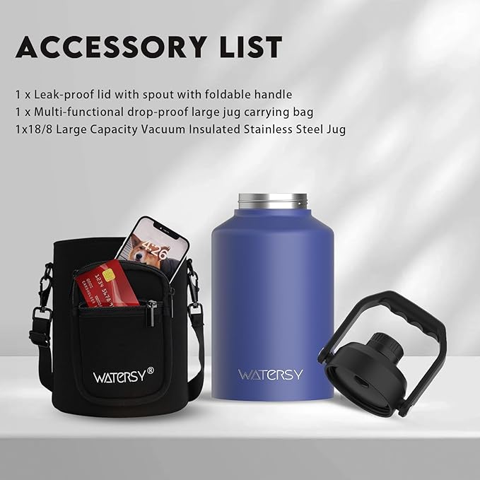 Half Gallon Water Bottle Insulated(Cold for 48 Hrs),BPA Free&Leak Proof,64oz Stainless Steel Water Jug/Flask,Big thermo,Large Water Bottle with Handle for Gym,Hiking,Camping,Deep Blue