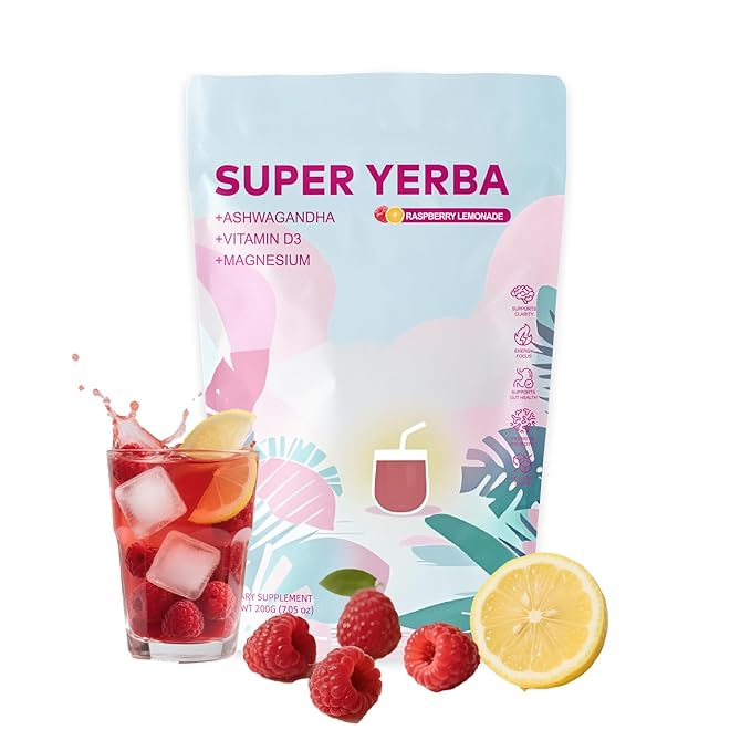 Super Yerba,Yerba Mate Instant Tea Powder,3-in-1 Formula with Low Sugar Prebiotics & Probiotics - Raspberry Lemonade Flavor with Lion's Mane,Energy Support & Focus Enhancer - Gluten-Free, Vegan, Non-GMO, 30 Servings