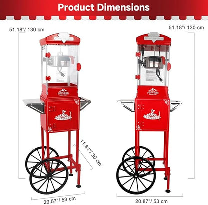 Portable Popcorn Machine with Cart & Wheels, 10 Oz Commercial Popcorn Maker with Kettle, Includes 3 Measuring Spoons for Home Theater, Parties, Events