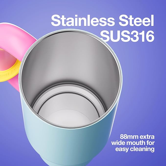 BaWang Insulated Stainless Steel Tumbler | Tumbler with Handle and Straw 33oz | Cup Holder Friendly for Travel | Leakproof Water Bottle | BPA-Free | 316 stainless steel liner| pink＆blue