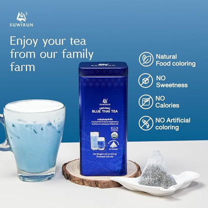 Suwirun Organic Blue Thai Tea 25 Bags – Naturally Blue Butterfly Pea Tea – Floral Aroma with Vanilla & Green Tea – Great for Hot, Iced & Milk Tea