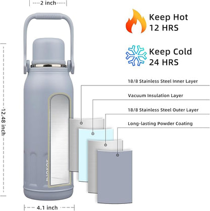 BJPKPK Insulated Thermal Water Bottle with Handle and Lid 50oz BPA Free Stainless Steel Water Bottles for Cold and Hot Beverages,Blue Haze