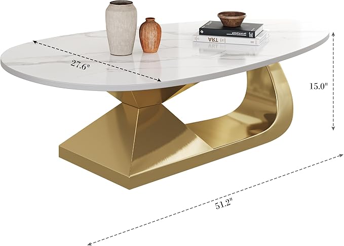 Marble Grain Coffee Table with Gold Stainless Steel Pedestal,Modern Coffee Tables,Oval Living Room Table with Faux Marble Top & Luxury Legs,Sintered Stone Cocktail Center Table,51.20inch