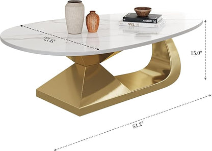 Marble Grain Coffee Table with Gold Stainless Steel Pedestal,Modern Coffee Tables,Oval Living Room Table with Faux Marble Top & Luxury Legs,Sintered Stone Cocktail Center Table,51.20inch