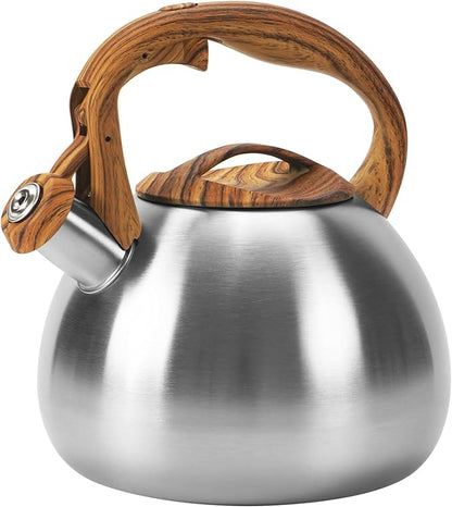 Classic Stainless Steel Whistling Kettle 3.2 Quart - Brushed Metal Finish with Wooden Handle, Stovetop Water Boiler for Home & Kitchen, Loud Alert Whistle & Drip-Free Spout (Silver)