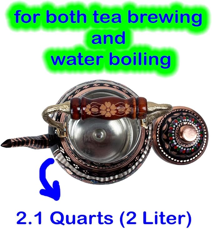 Vintage Copper Turkish TeaPot Tea Kettle Pot for Stovetop Stove Top Infuser Decorative Fancy Arabic Moroccan Party Serving Kitchen Antique Handmade Women Floral Unique Style Gooseneck Gift Decor