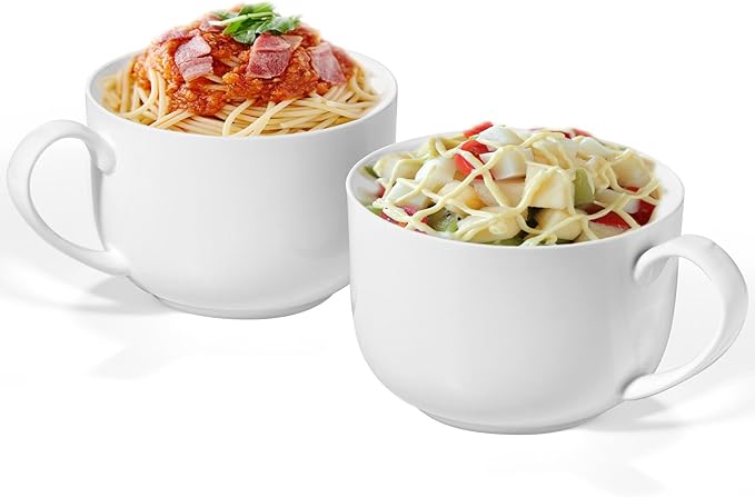 Chulan Large Luxury Bone China Cereal Mugs, White Porcelain Coffee Mugs Set of 2, 25oz Lightweight Ceramic Cups for Soup Fruit Salads Yogurt Pasta with Handles, Microwave Safe & Dishwasher Safe