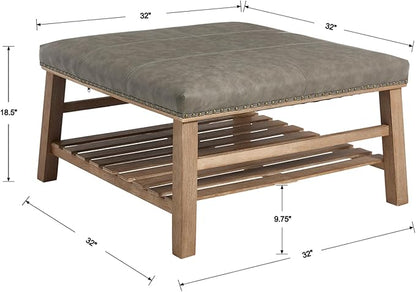 Kmax 32-Inch Grey Faux Leather Coffee Table Large Square Ottoman Foot Rest Stool Upholstered Coffee Table with Wooden Shelf Storage for Living Room Office