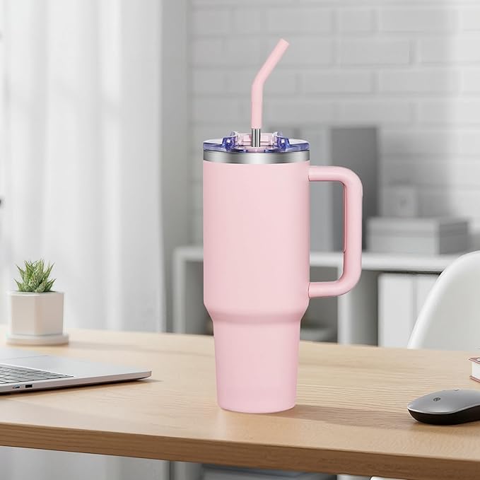 COKTIK 40 oz Tumbler With Handle and Straw Lid, Vacuum Insulated Travel Coffee Mug Stainless Steel Insulated Cup for Beverages, Leak-proof, Cupholder Friendly (Blush)