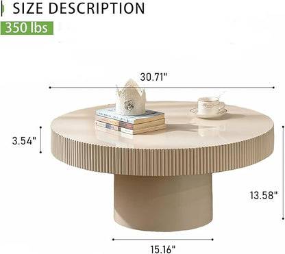 Handmade Wooden Drum Coffee Table、Elegant Round Fluted Wood Coffee Tables、Rustic Modern Circular Centerpiece for Living Room & Farmhouse Decor (A White 30.7in)