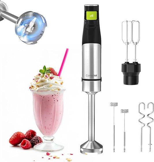 Consciot 4-in-1 Immersion Blender Handheld Max 1100W, Corded Stick Emulsifier with Entire Stainless Steel Blender Shaft, Trigger Speed Control, For Blending, Beating, Frothing, Mixing & More, Non-BPA