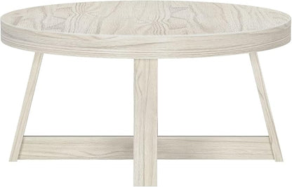 Plank+Beam Classic Round Coffee Table, 36" Farmhouse Coffee Table, Mini Center Tables for Small Spaces, Small Living Space Tea Table, White Sand Wirebrush