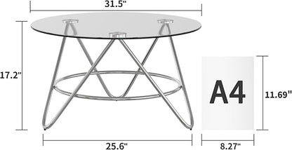 OIOG Glass Coffee Table, Round Coffee Table Living Room, Modern Coffee Table with Tempered Glass Tabletop and Chrome Frame, Silver
