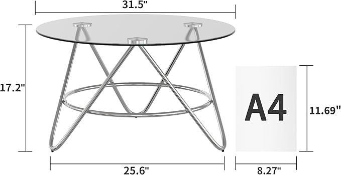 OIOG Glass Coffee Table, Round Coffee Table Living Room, Modern Coffee Table with Tempered Glass Tabletop and Chrome Frame, Silver