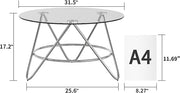 OIOG Glass Coffee Table, Round Coffee Table Living Room, Modern Coffee Table with Tempered Glass Tabletop and Chrome Frame, Silver