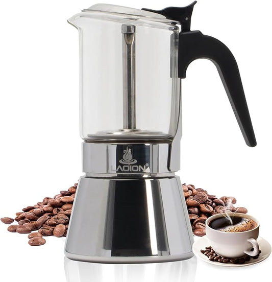 Stovetop Espresso Maker, 3Cup 160ml Moka Pot, Crystal Glass-top & Stainless Steel Coffee Maker Mocha Pot, Greca De Cafe, Cuban and Italian Coffee Maker for Cafetera Cubana