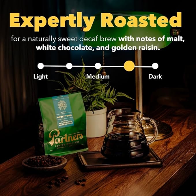 PARTNERS COFFEE ROASTERS - Whole Bean Coffee (Ghost Town - Decaf, Medium Roast) 12oz - Decaf Coffee via Mountain Water - Malt, Golden Raisin, White Chocolate - Coffee Beans - Roasted in New York City