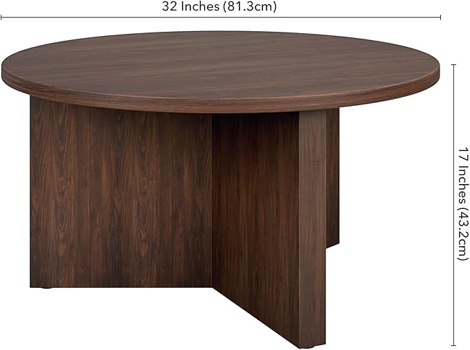 Henn&Hart 32" Round Wood Pedestal Coffee Table for Living Room, Family Room, Office, or Apartment, Alder Brown