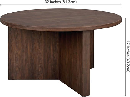 Henn&Hart 32" Round Wood Pedestal Coffee Table for Living Room, Family Room, Office, or Apartment, Alder Brown