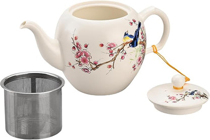 Teapot with Infuser Ceramic Tea Pot with Removable Stainless Steel Fliter for Loose Tea 15.80 OZ/450ml (1-2cups) Teapots for Tea Coffee Milk for Office Home Men Women White(Magpie)
