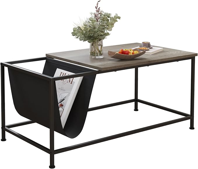 SENIG Grey Oak Rectangle Wood and Metal Coffee Table with Storage Shelf for Small Living Rooms with Pocket