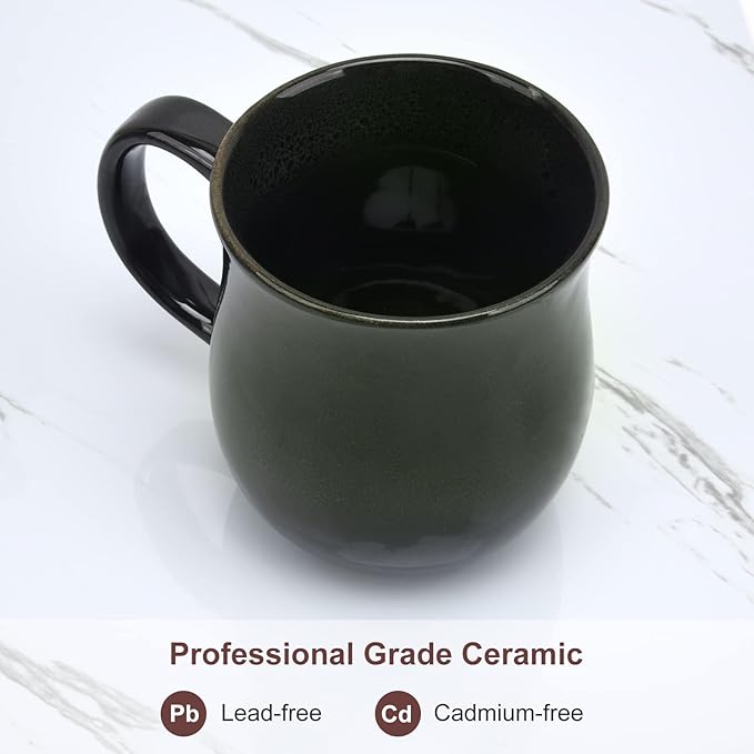 20 Oz Large Ceramic Coffee Mugs, 600ml Big Handle Handmade Pottery Tea Cup for Office and Home, Easy to Hold, Microwave and Dishwasher Safe, Hot Cold Drinking, Stylish Texture Glaze (Ink Green)