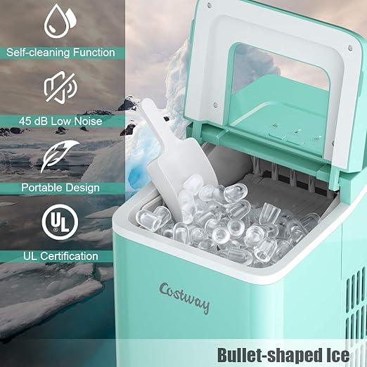 COSTWAY Countertop Ice Maker, 26Lbs/24H Portable Ice Machine with Self-Cleaning Function, Bullet Ice Cubes Ready in 8 Mins, Scoop and Removable Basket,Ice Maker for Home Party Bar, Green