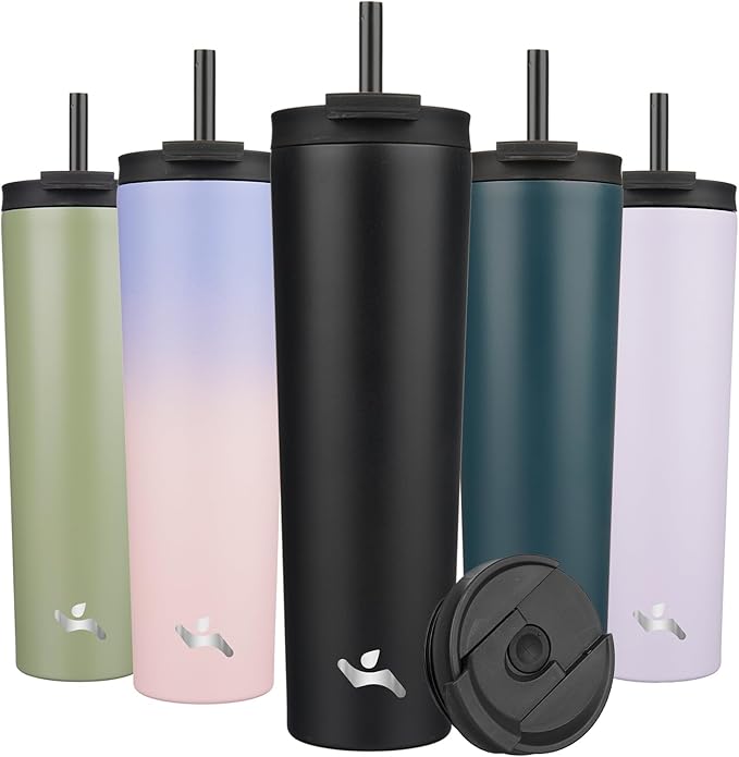 34 OZ Insulated Tumbler with Lid and 2 Straws Stainless Steel Water Bottle Vacuum Travel Mug Coffee Cup,Black