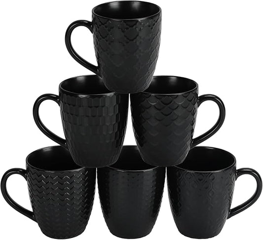 Schliersee 16 OZ Black Coffee Mugs Set of 6, Geometric Pattern Porcelain Coffee Cups for Latte, Hot Tea, Cappuccino, Mocha, Cocoa, Espresso cups, 500ML