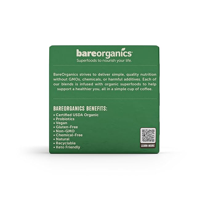 BareOrganics Energy Medium Roast Coffee, Organic, 10 K-Cup Pods, Superfoods & Probiotics Infused, Vegan, Gluten Free, 10 Single Serve Cups