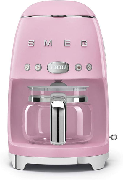 Smeg 50's Retro Style Aesthetic Drip Coffee Machine with 10 Cup Glass Carafe, Auto Start Feature, Keep Warm Plate, and Two Coffee Strength Settings (Pink)