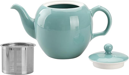 Antique Ceramic Teapot Coffee Pot with Infuser, 400ml (1-2 cups) Small Porcelain Tea Pots for Loose Leaf Tea, with Removable Stainless Steel Strainer and Lid for Gift (Cyan)