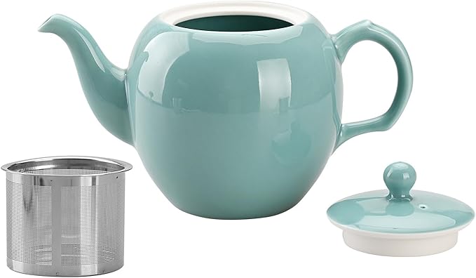 Antique Ceramic Teapot Coffee Pot with Infuser, 400ml (1-2 cups) Small Porcelain Tea Pots for Loose Leaf Tea, with Removable Stainless Steel Strainer and Lid for Gift (Cyan)