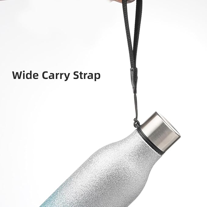 Insulated Water Bottle with Strap,18 oz Double Wall Stainless Steel Vacuum Bottles Metal Water Flask,Sparkling Silver Blue