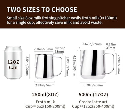 watchget Milk Frothing Pitcher 250ml/8oz Stainless Steel Espresso Steaming Pitcher Milk Coffee Cappuccino Latte Art Barista Steam Jug Espresso Frother Cup, Silver