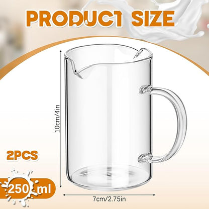 Leinuosen 2 Pcs Small Glass Creamer Pitcher with Spout Milk Frothing Pitcher Elegant Shaped Glass Coffee Tea Milk Creamer Jug Creative Milk Frother Cup (Simple Style,250ml)