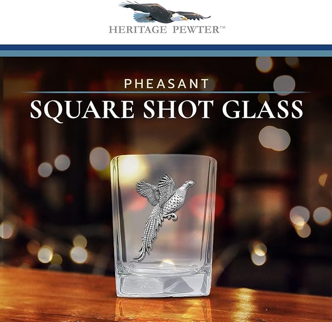 Heritage Pewter Pheasant Square Shot Glass | Hand-Sculpted 1.5 Ounce Shot Glass | Intricately Crafted Metal Pewter Inlay