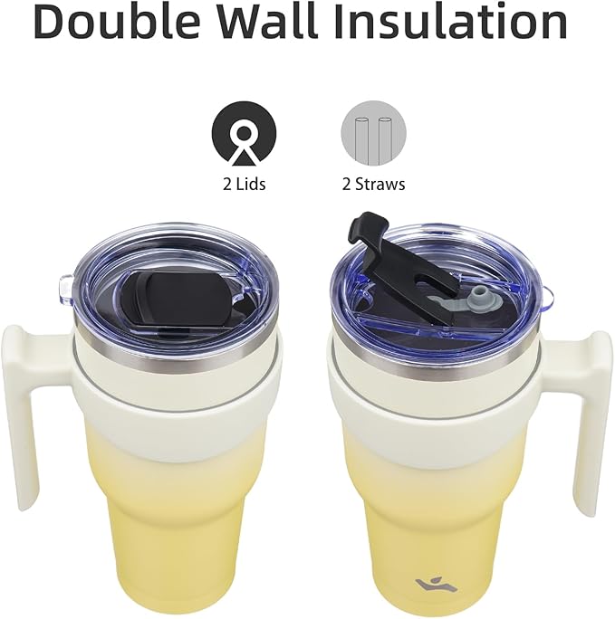 30 oz Tumbler with Handle and 2 Straw 2 Lid, Insulated Water Bottle Stainless Steel Vacuum Cup Reusable Travel Mug,Lemon