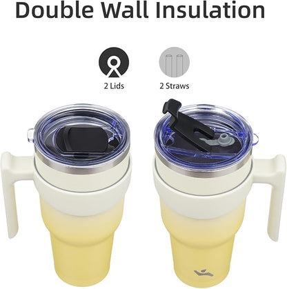 30 oz Tumbler with Handle and 2 Straw 2 Lid, Insulated Water Bottle Stainless Steel Vacuum Cup Reusable Travel Mug,Lemon