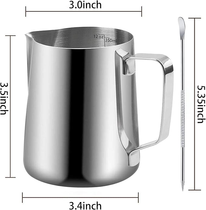 Milk Frothing Pitchers-12oz/350ML Stainless Steel Steaming Pitchers, Scale Coffee/Milk/Cappuccino/Latte Art Barista Steam Pitchers, Milk Jug Cup with Decorating Pen-Silver