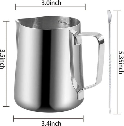 Milk Frothing Pitchers-12oz/350ML Stainless Steel Steaming Pitchers, Scale Coffee/Milk/Cappuccino/Latte Art Barista Steam Pitchers, Milk Jug Cup with Decorating Pen-Silver