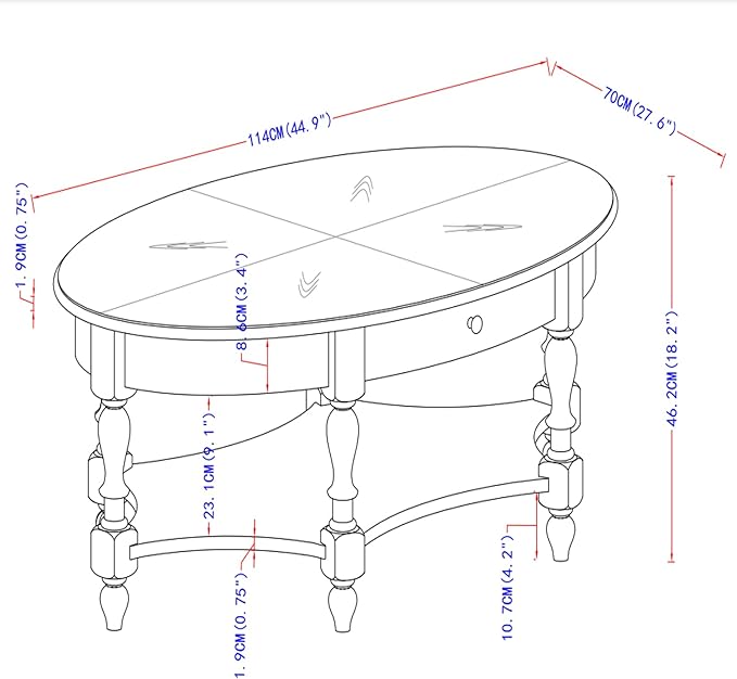 Solid Wood Oval Coffee Table with Drawer and Storage Shelf, 44.9" Traditional Retro Center Table Polished Edging Cocktail Tea Table for Living Room Bedroom Home, Vintage Walnut