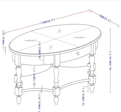 Solid Wood Oval Coffee Table with Drawer and Storage Shelf, 44.9" Traditional Retro Center Table Polished Edging Cocktail Tea Table for Living Room Bedroom Home, Vintage Walnut