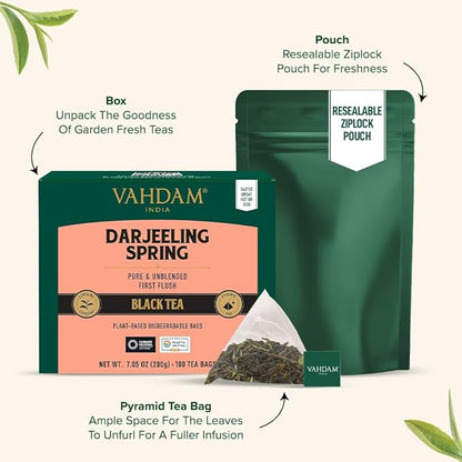 VAHDAM, Exotic Darjeeling First Flush Tea Leaves (100 Black Tea Bags) High Caffeine, Non GMO, Gluten Free | Aromatic & Robust | Unblended First Flush Darjeeling Tea Bags | Resealable Ziplock Pouch