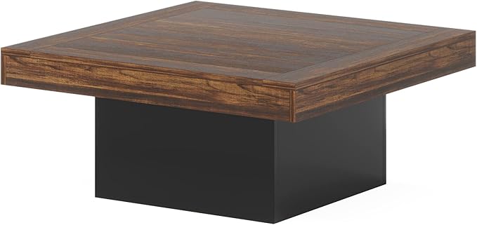 Tribesigns Coffee Table Square LED Coffee Table Engineered Wood Low Center Cocktail Tables for Living Room (Rustic Brown+Black)