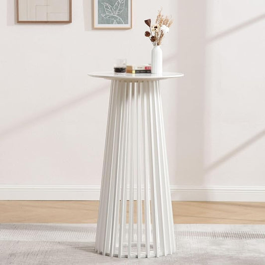 DUOMAY White Round Bar Table, 43.5" High Wood Bar Table with Stylish Geometric Base, Modern Style Cocktail Tables for Parties, Kitchen, Dining Room, Coffee Shop