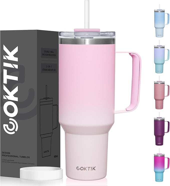 COKTIK 40 oz Tumbler With Handle and Straw Lid, Vacuum Insulated Travel Coffee Mug Stainless Steel Insulated Cup for Beverages, Leak-proof, Cupholder Friendly (Sakura)