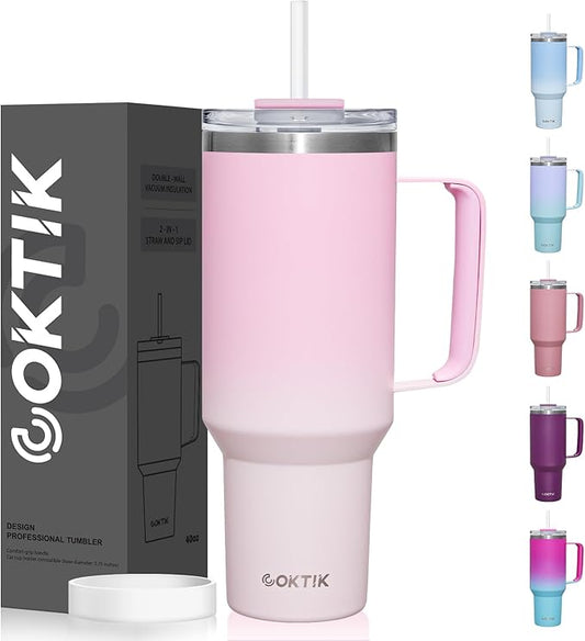 COKTIK 40 oz Tumbler With Handle and Straw Lid, Vacuum Insulated Travel Coffee Mug Stainless Steel Insulated Cup for Beverages, Leak-proof, Cupholder Friendly (Sakura)